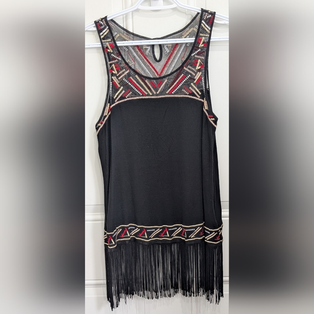 Elegant Black Fringe Tank Top with Embroidery